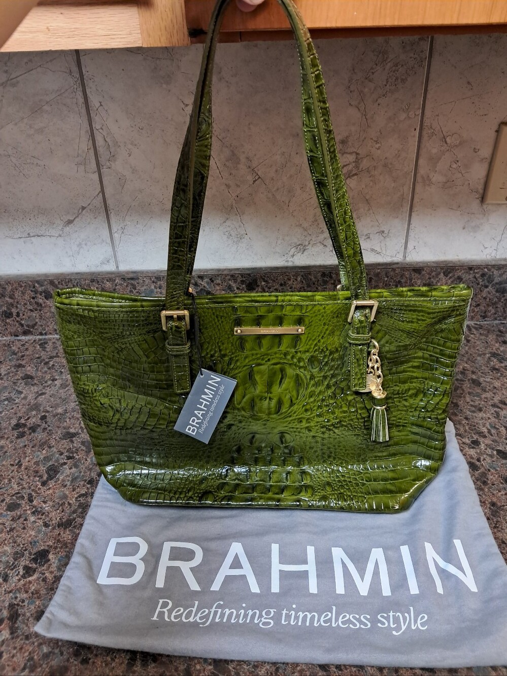 Brahmin Medium Asher Olive Green Croc-Embossed Leather ToteTassel Charm New